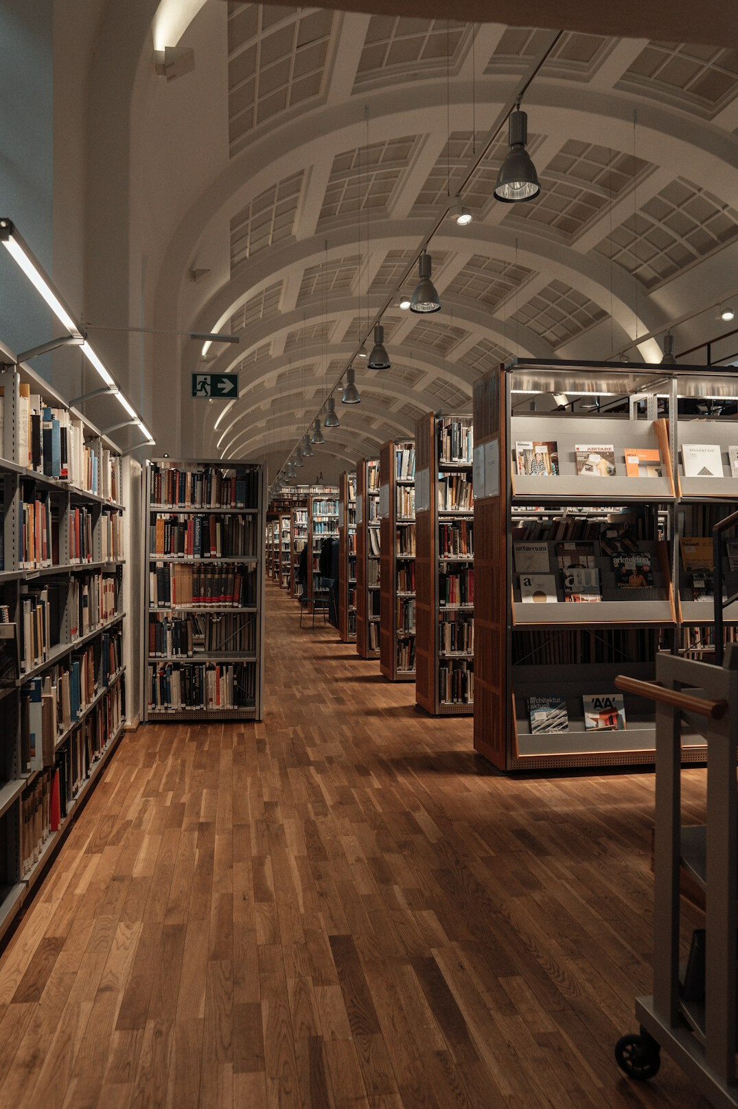 Interior of an old library with tall bookshelves
